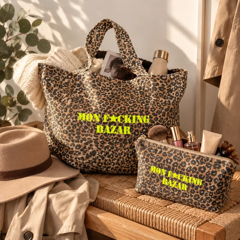 Duo léopard Mon F*cking Bazar jaune fluo prêt pour le week-end sur un banc en rotin, tote avec pull et gourde, trousse remplie de produits de beauté