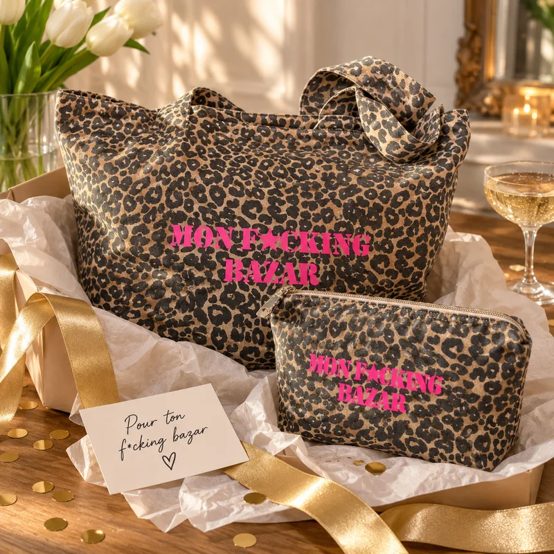 Duo cadeau léopard Mon F*cking Bazar rose fluo dans un coffret avec papier de soie, ruban doré et carte Pour ton f*cking bazar