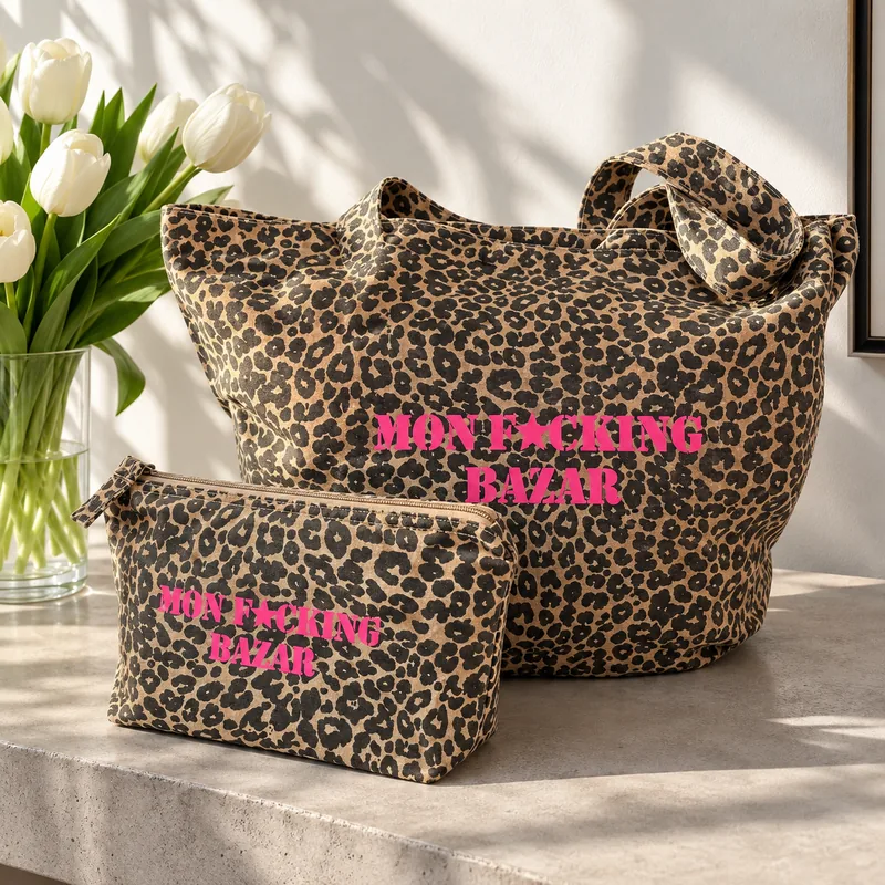 Duo cadeau léopard Mon F*cking Bazar rose fluo : tote bag XL et trousse de toilette assortie posés sur une console avec des tulipes blanches