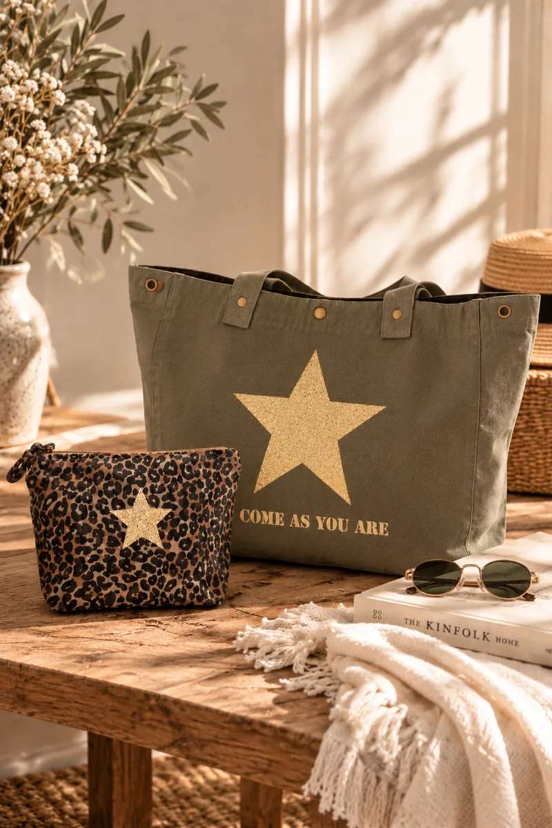 Sac cabas XXL kaki « Come As You Are » à étoile or pailletée et trousse de toilette léopard à étoile champagne pailletée, sur une table en bois. Création La Strasseuse.