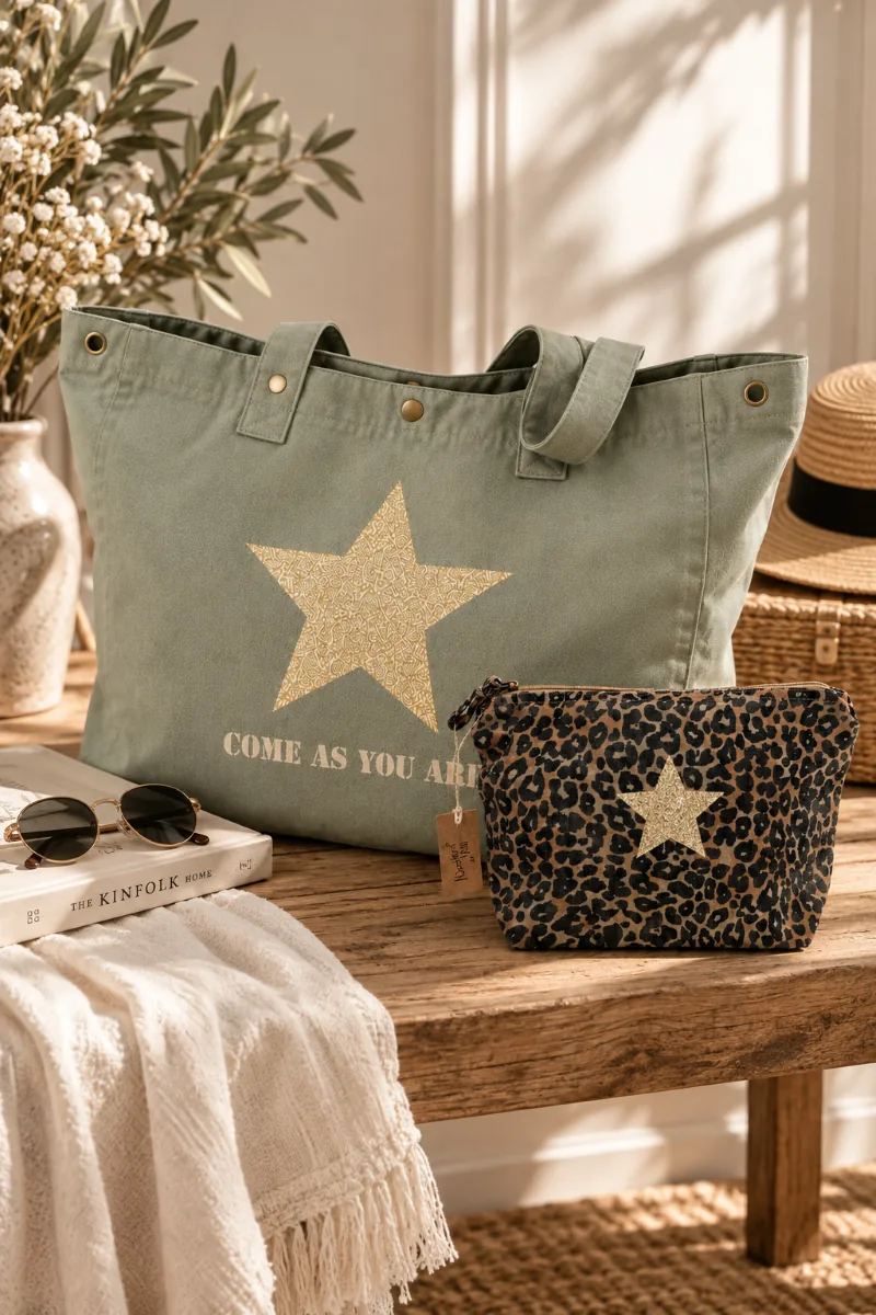 Sac cabas XXL vert sauge « Come As You Are » à étoile or pailletée et trousse de toilette léopard à étoile champagne pailletée, sur un banc en bois. Création La Strasseuse.