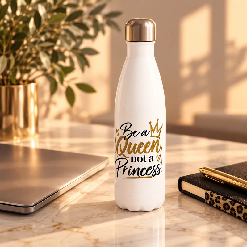 Gourde isotherme blanche « Be a Queen, not a Princess » au lettrage noir et doré avec couronne, posée sur un bureau en marbre à côté d'un ordinateur, d'un carnet à tranche léopard et d'un stylo doré.