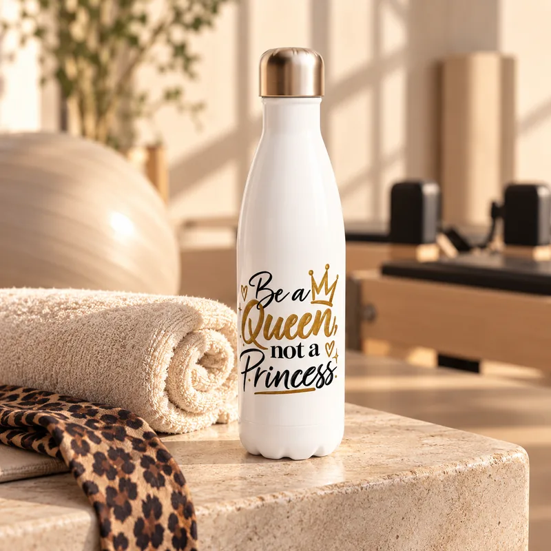 Gourde isotherme blanche « Be a Queen, not a Princess » sur un banc en pierre claire d'un studio de pilates, à côté d'une serviette crème roulée et d'un foulard léopard.