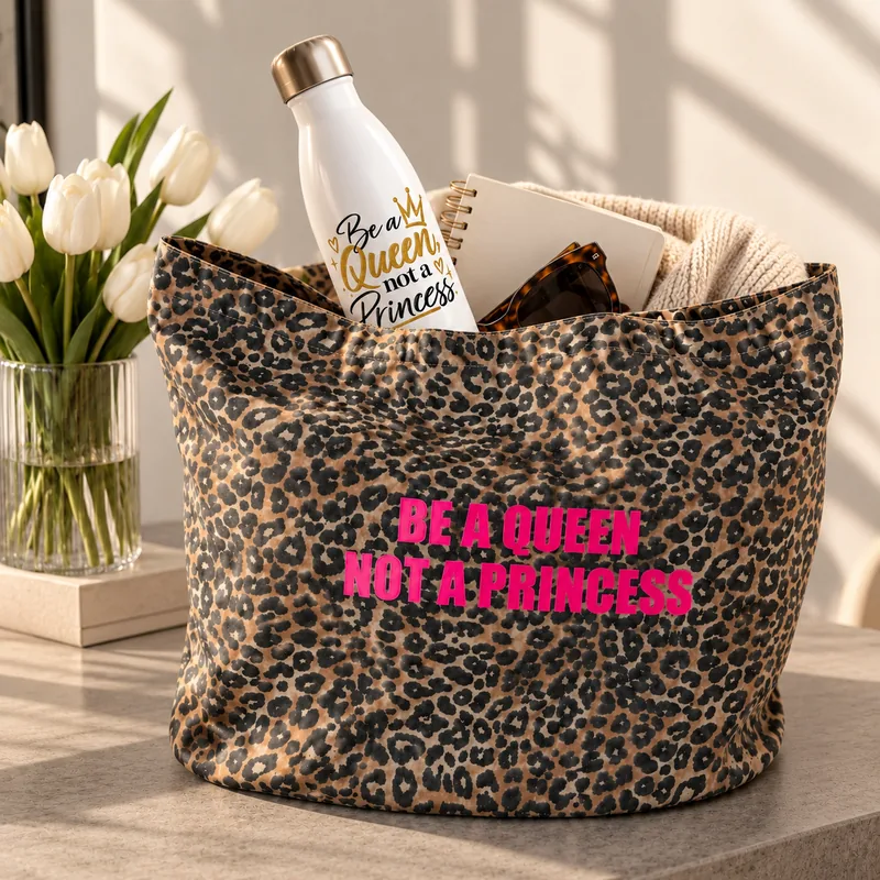 Gourde isotherme blanche « Be a Queen, not a Princess » glissée dans le tote bag léopard « Be a Queen, Not a Princess » au slogan rose fluo, avec carnet, lunettes et pull crème.