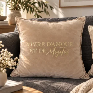 Housse de coussin carrée en velours de coton beige avec le slogan Vivre d'Amour et de Mojitos en lettres dorées pailletées, posée sur un canapé gris anthracite avec des fleurs blanches dans un salon lumineux.