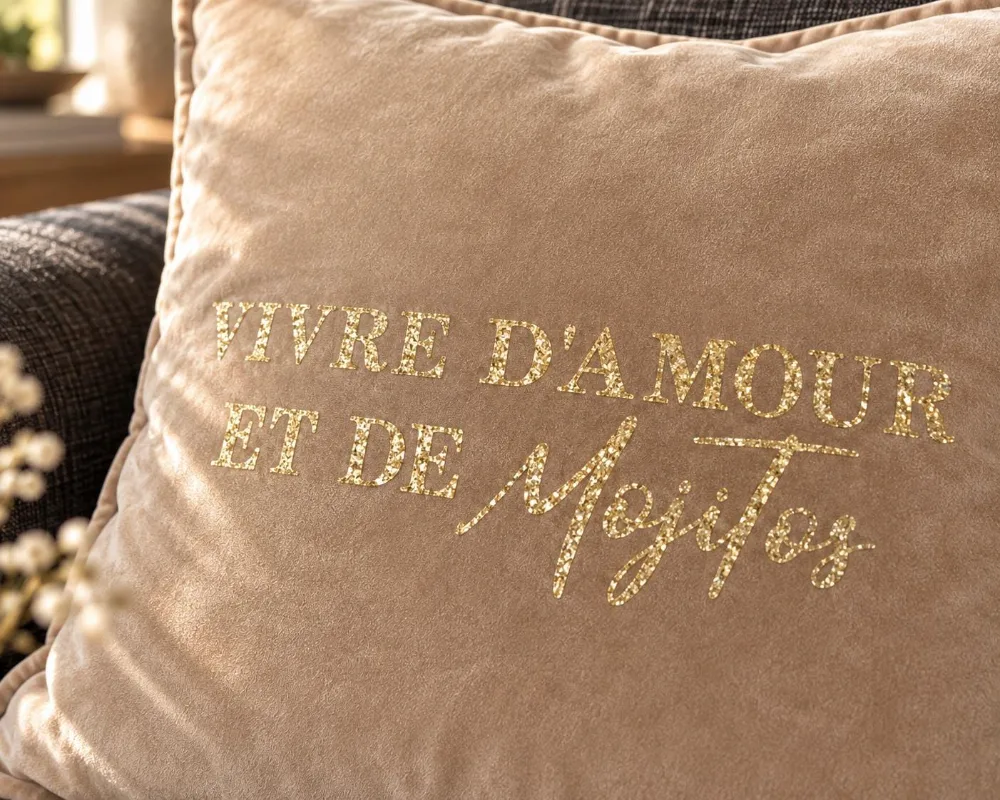 Gros plan sur la texture du velours de coton beige et le slogan Vivre d'Amour et de Mojitos en lettres dorées pailletées de la housse de coussin carrée.