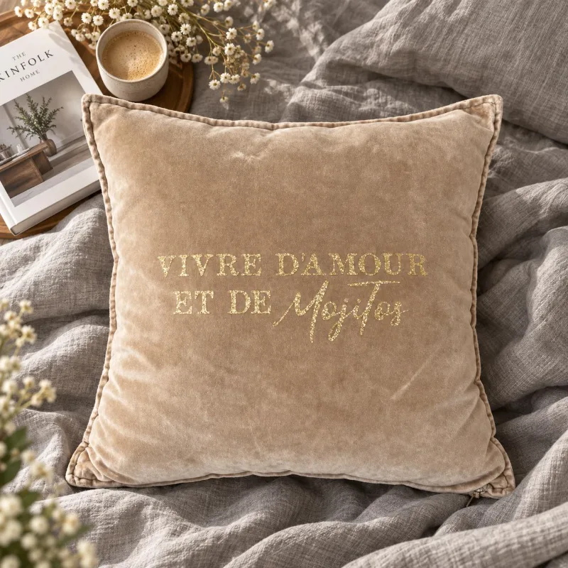Vue du dessus de la housse de coussin carrée en velours de coton beige, slogan Vivre d'Amour et de Mojitos en lettres dorées pailletées, posée sur un lit en lin gris avec une tasse de café, un magazine et des fleurs blanches.