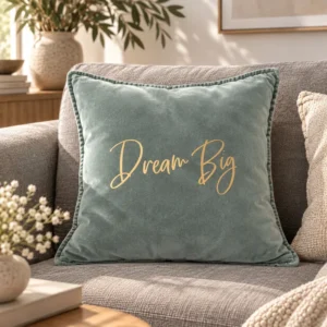 Housse de coussin carrée en velours de coton vert céladon avec le slogan Dream Big en écriture manuscrite dorée mate, posée sur un canapé gris avec des plantes vertes et des fleurs blanches dans un salon lumineux.