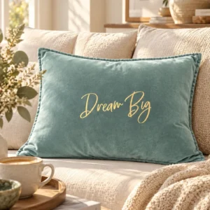 Housse de coussin rectangulaire en velours de coton vert céladon avec le slogan Dream Big en écriture manuscrite dorée mate, posée sur un canapé crème avec un plaid en maille, une tasse de café et des livres dans un salon ensoleillé.