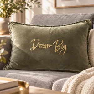 Housse de coussin rectangulaire en velours de coton kaki avec le slogan Dream Big en écriture manuscrite dorée pailletée, posée sur un canapé gris avec un plaid en maille crème.