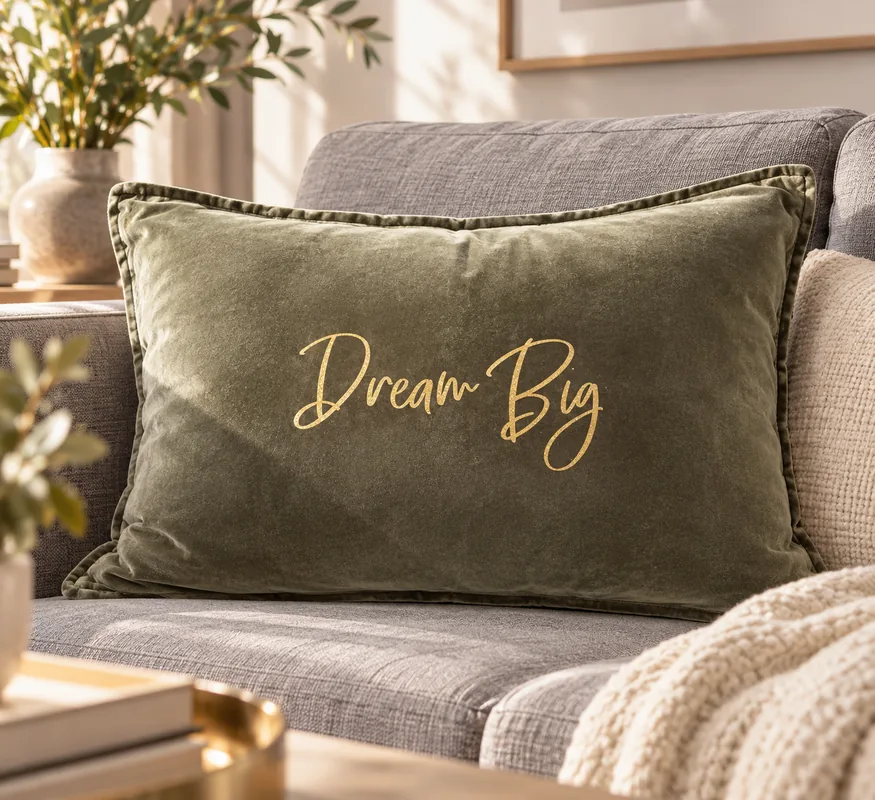 Housse de coussin rectangulaire en velours de coton kaki avec le slogan Dream Big en écriture manuscrite dorée pailletée, posée sur un canapé gris avec un plaid en maille crème.