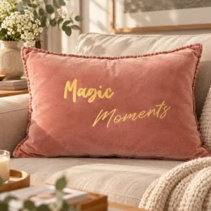 Housse de coussin rectangulaire en velours de coton vieux rose avec le slogan Magic Moments en lettres dorées mates, posée sur un canapé beige avec un plaid en maille crème, une bougie et un bouquet de fleurs blanches.