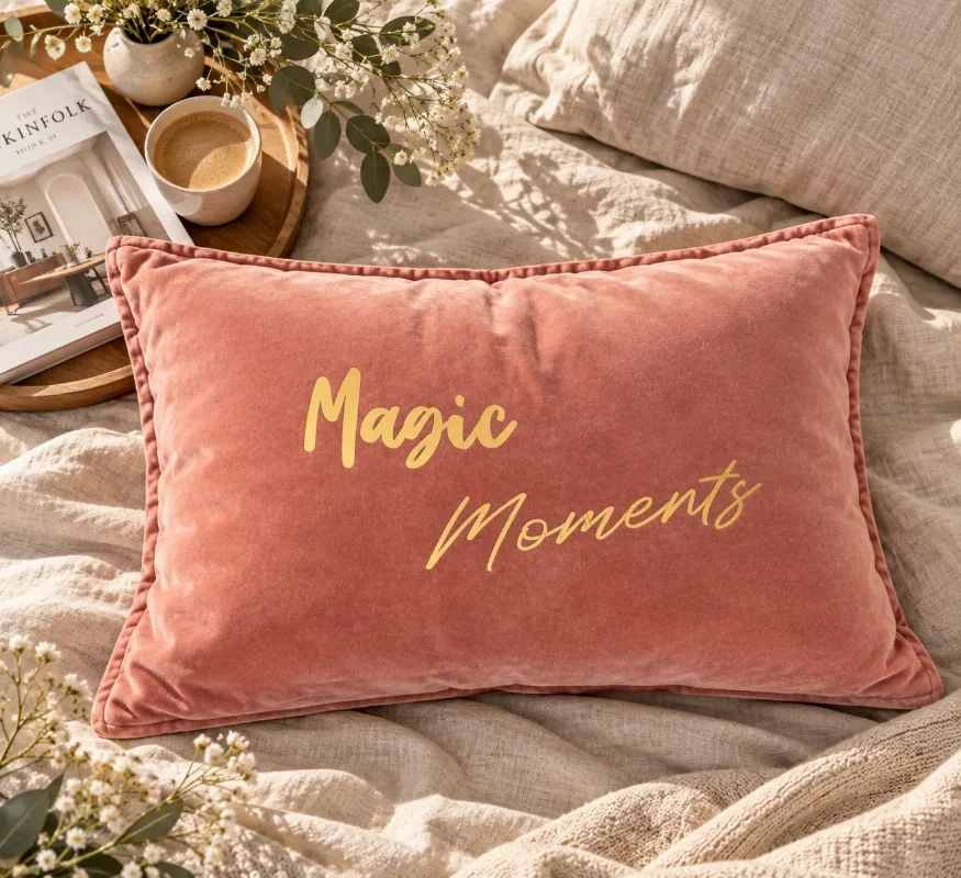 Vue du dessus de la housse de coussin rectangulaire en velours de coton vieux rose, slogan Magic Moments en lettres dorées mates, posée sur un lit en lin crème avec un plateau en bois, une tasse de café, un magazine et des fleurs blanches.