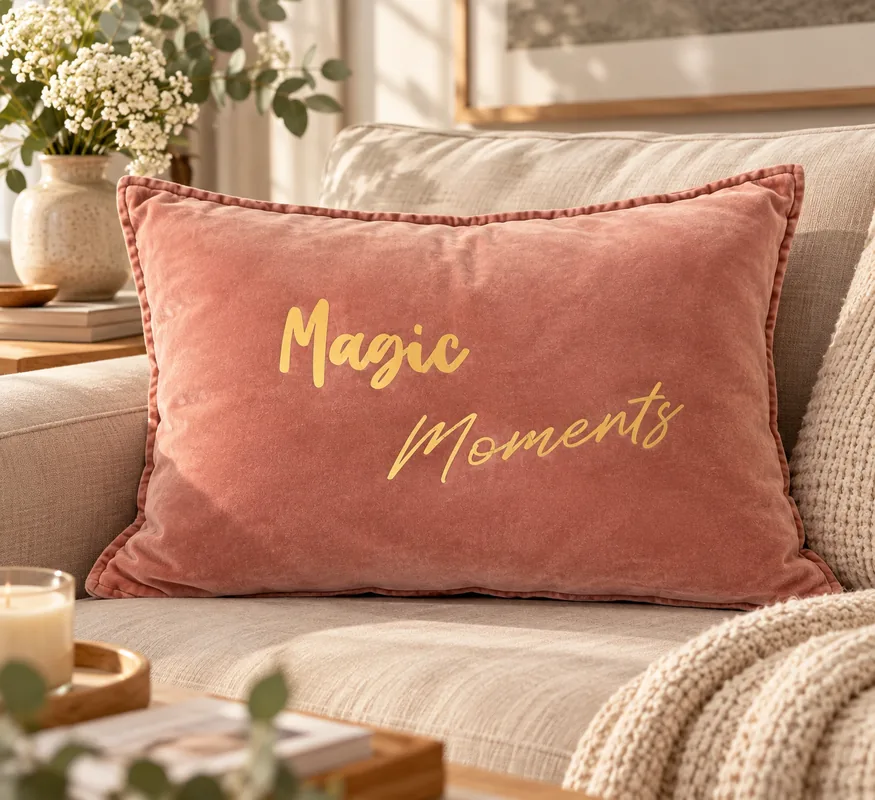 Housse de coussin rectangulaire en velours de coton vieux rose avec le slogan Magic Moments en lettres dorées mates, posée sur un canapé beige avec un plaid en maille crème, une bougie et un bouquet de fleurs blanches.
