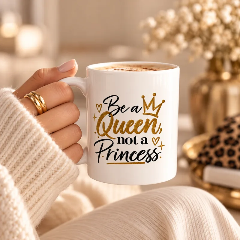 Main aux bagues dorées et pull en maille crème tenant le mug blanc « Be a Queen, not a Princess » rempli de cappuccino.