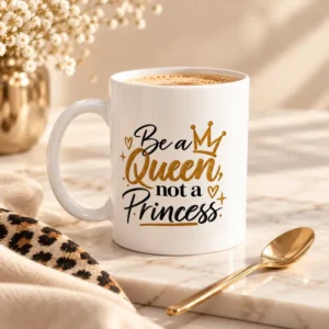 Mug blanc « Be a Queen, not a Princess » au lettrage noir et doré avec couronne, rempli de café, posé sur un plan de travail en marbre avec une cuillère dorée et un bouquet de gypsophile.