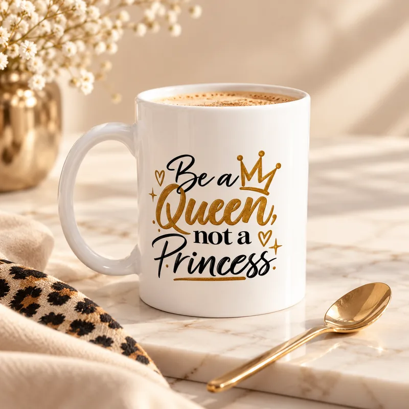 Mug blanc « Be a Queen, not a Princess » au lettrage noir et doré avec couronne, rempli de café, posé sur un plan de travail en marbre avec une cuillère dorée et un bouquet de gypsophile.