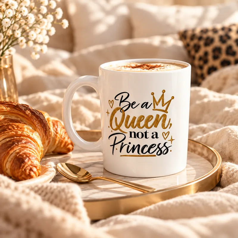 Mug blanc « Be a Queen, not a Princess » sur un plateau en marbre et doré avec croissants et cuillère dorée, sur un lit aux draps crème et coussin léopard.
