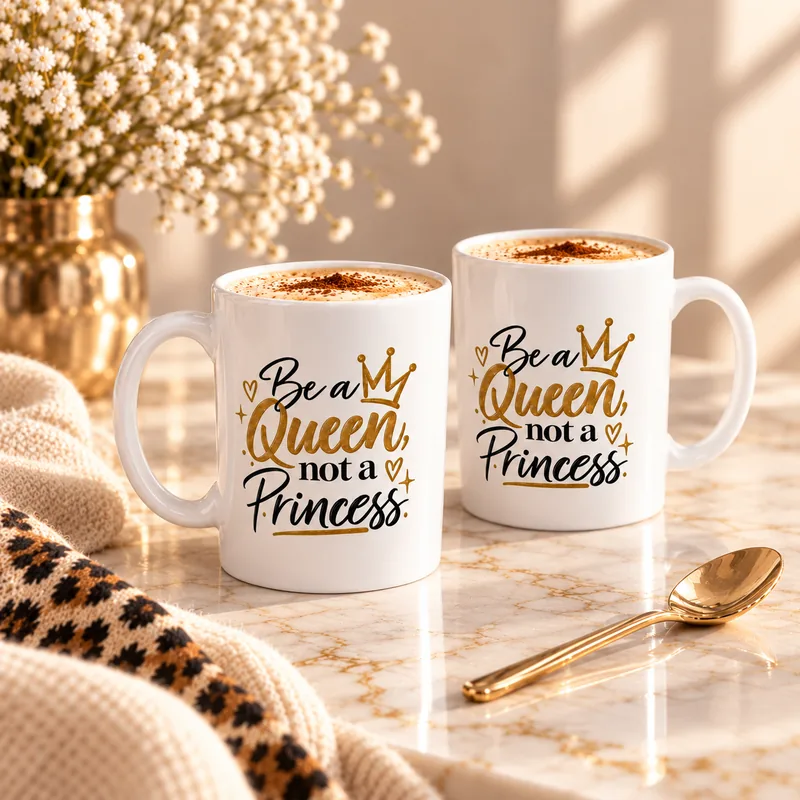 Deux mugs blancs « Be a Queen, not a Princess » côte à côte, anses opposées, montrant l'impression noire et dorée des deux côtés du mug.
