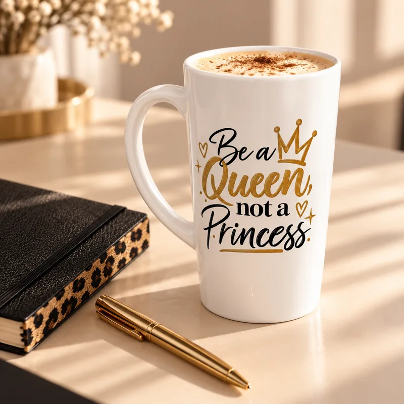 Grand mug latte blanc « Be a Queen, not a Princess » sur un bureau crème baigné de soleil, à côté d'un carnet noir à tranche léopard et d'un stylo doré.