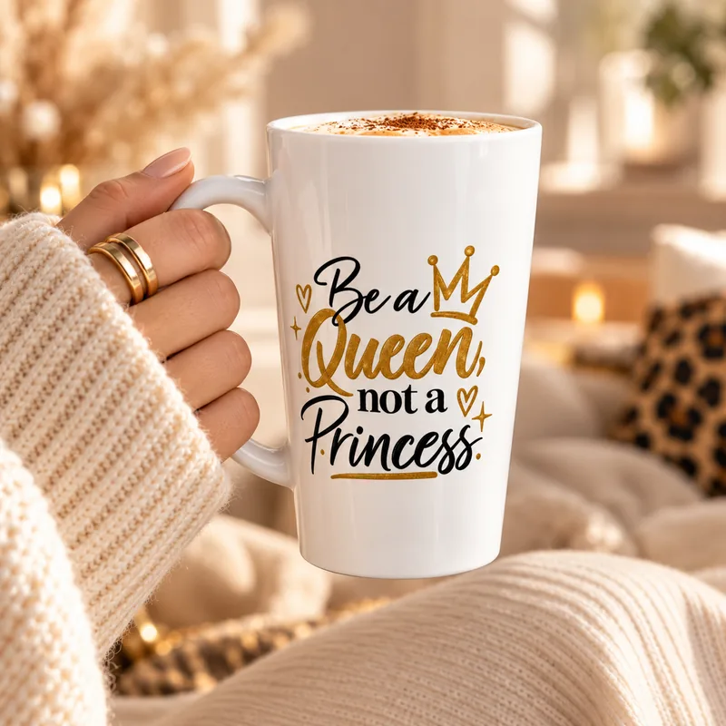 Main aux bagues dorées et pull en maille crème tenant le grand mug latte blanc « Be a Queen, not a Princess » rempli de cappuccino.