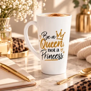 Grand mug latte blanc « Be a Queen, not a Princess » au lettrage noir et doré avec couronne, rempli de cappuccino, sur un plan en marbre avec carnet, stylo et cuillère dorés.