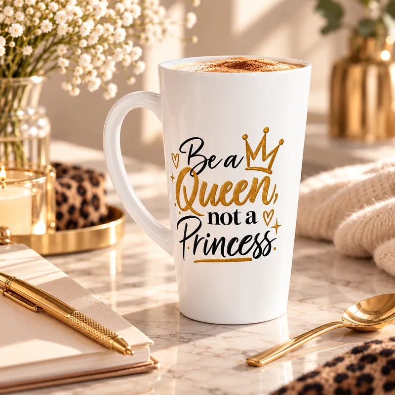 Grand mug latte blanc « Be a Queen, not a Princess » au lettrage noir et doré avec couronne, rempli de cappuccino, sur un plan en marbre avec carnet, stylo et cuillère dorés.