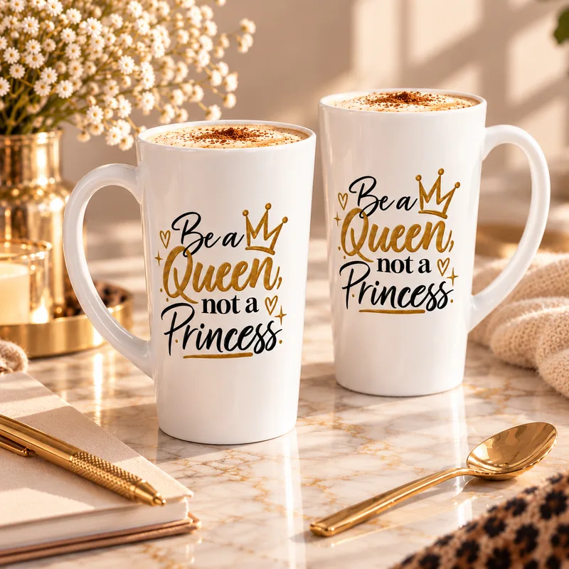 Deux grands mugs latte blancs « Be a Queen, not a Princess » côte à côte, anses opposées, montrant l'impression noire et dorée des deux côtés.