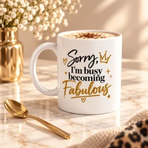 Mug blanc « Sorry, I'm busy becoming Fabulous » au lettrage noir et doré avec couronne, rempli de cappuccino, sur un plan en marbre avec une cuillère dorée et un bouquet de gypsophile.