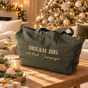 Sac cabas kaki « Dream Big and drink Champagne » doré pailleté posé sur une table basse en bois devant un sapin de Noël doré, avec une coupe de champagne. Création La Strasseuse.