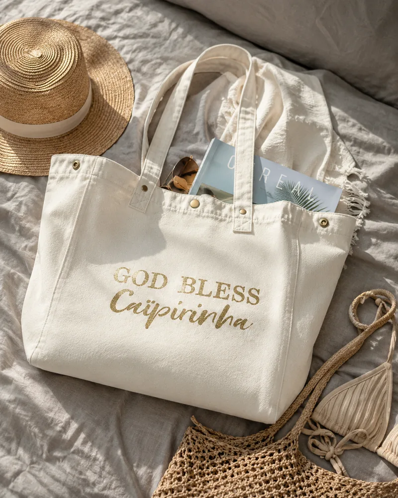 Sac fourre-tout crème "God bless Caïpirinha" en or pailleté, posé sur un lit avec chapeau de paille, magazine et maillot de bain. Création La Strasseuse.
