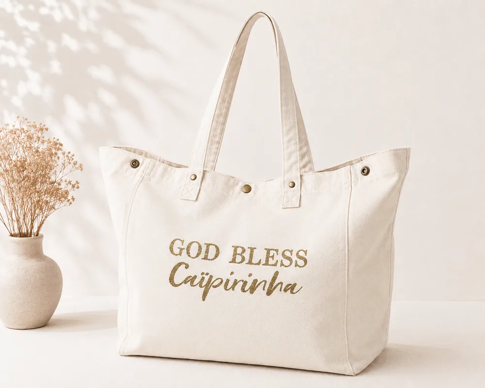Sac fourre-tout crème avec "God bless Caïpirinha" en or pailleté, sur fond clair à côté d'un vase de fleurs séchées. Création La Strasseuse.
