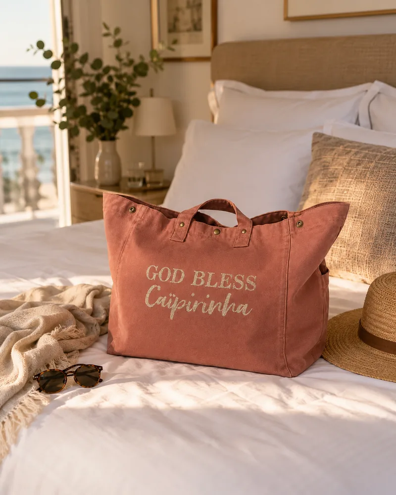 Sac fourre-tout vieux rose "God bless Caïpirinha" en or pailleté, posé sur un lit dans une chambre avec vue sur la mer. Création La Strasseuse.