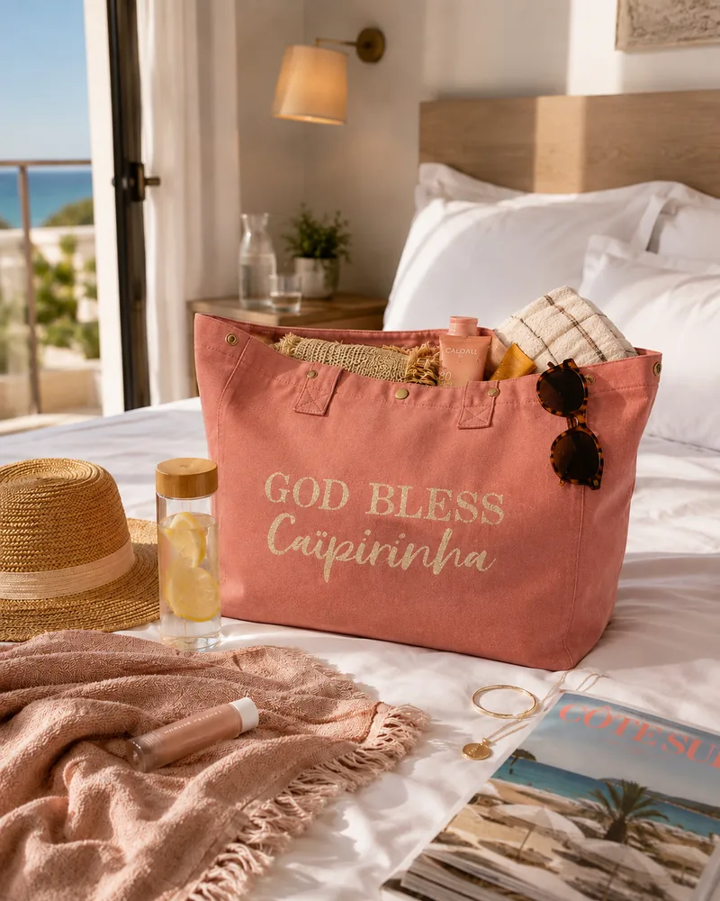 Sac fourre-tout vieux rose "God bless Caïpirinha" en or pailleté, rempli d'affaires de plage sur un lit, avec chapeau de paille et lunettes de soleil. Création La Strasseuse.