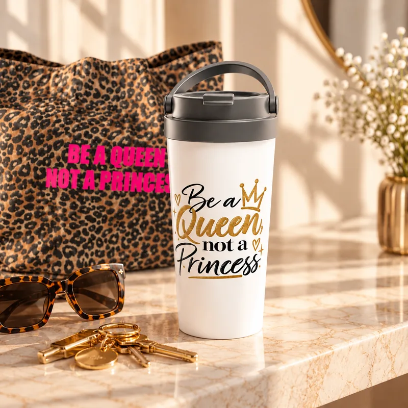 Tasse de voyage isotherme blanche « Be a Queen, not a Princess » au lettrage noir et doré, couvercle gris à poignée, posée sur une console en marbre devant le tote bag léopard rose fluo, avec clés dorées et lunettes de soleil écaille.