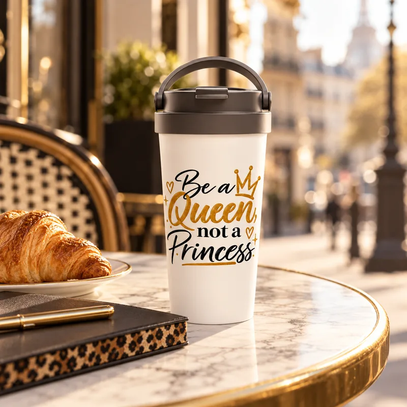 Tasse de voyage isotherme blanche « Be a Queen, not a Princess » sur une table de café parisienne en marbre, avec croissant, carnet noir à tranche léopard et stylo doré.