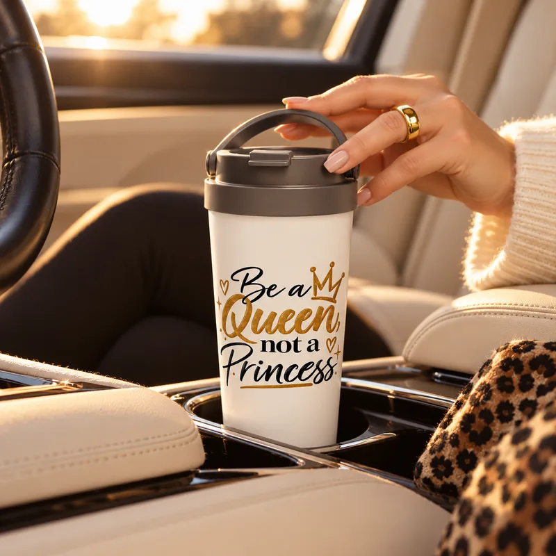 Main manucurée à la bague dorée posée sur la tasse de voyage isotherme blanche « Be a Queen, not a Princess », glissée dans le porte-gobelet d'une voiture à l'intérieur crème.