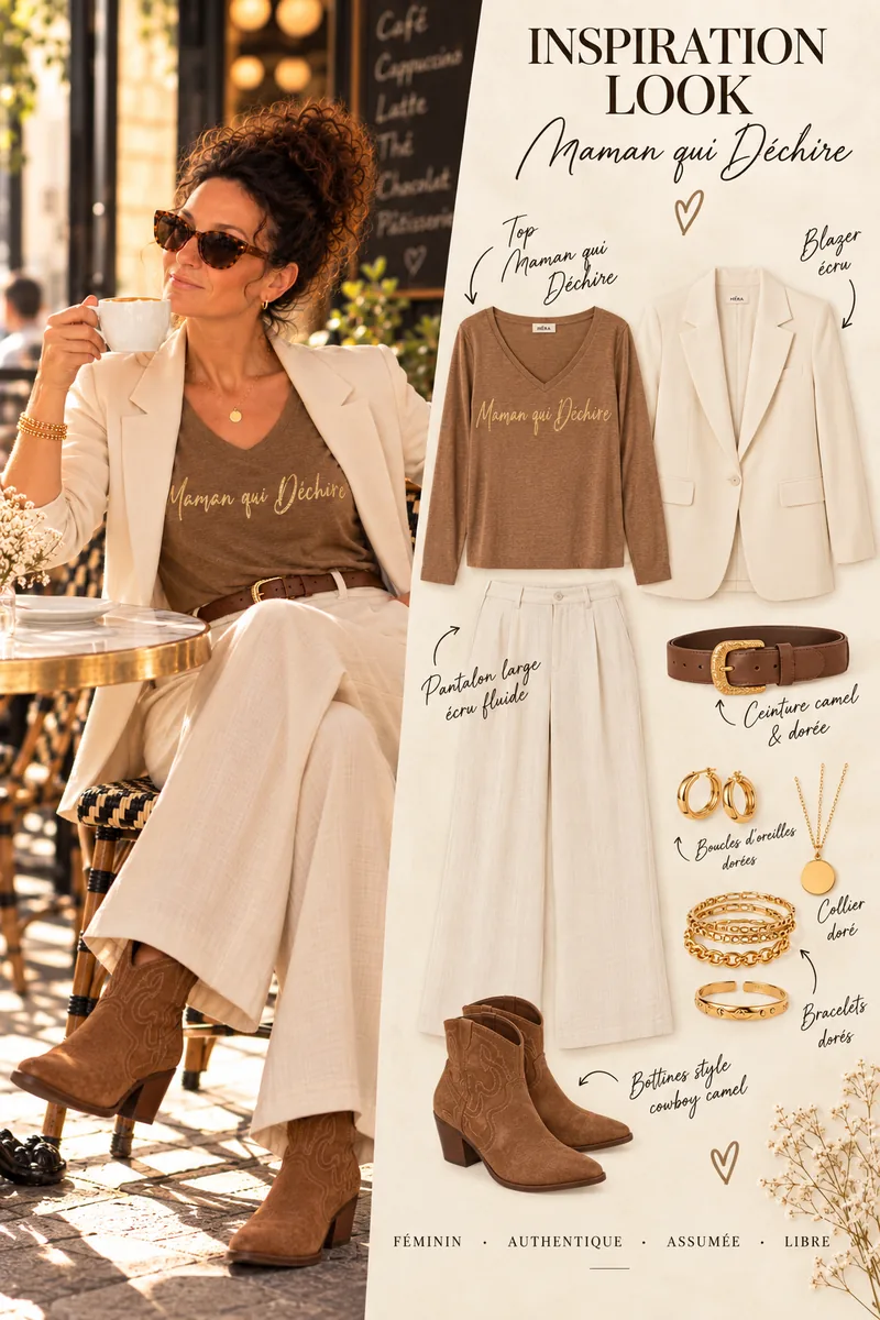 Inspiration look avec le top manches longues camel « Maman qui déchire » en or pailleté, un blazer écru, un pantalon large écru, une ceinture camel et des bottines style cowboy.