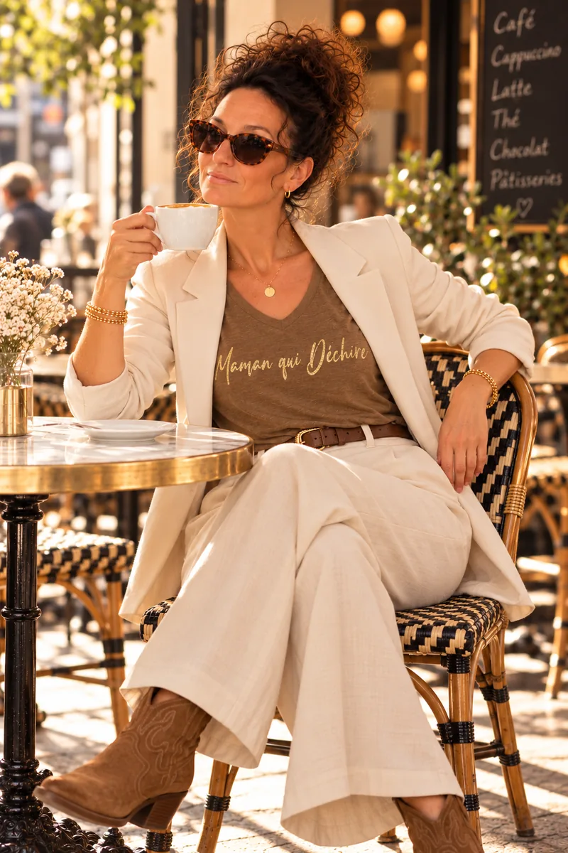 Femme portant le top manches longues camel col V « Maman qui déchire » en or pailleté avec un blazer et un pantalon écrus, à la terrasse d'un café. Création La Strasseuse.