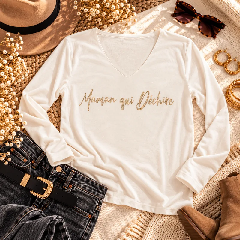 Top manches longues crème col V « Maman qui déchire » en or pailleté, présenté à plat avec un jean gris, une ceinture dorée et des accessoires. Création La Strasseuse.