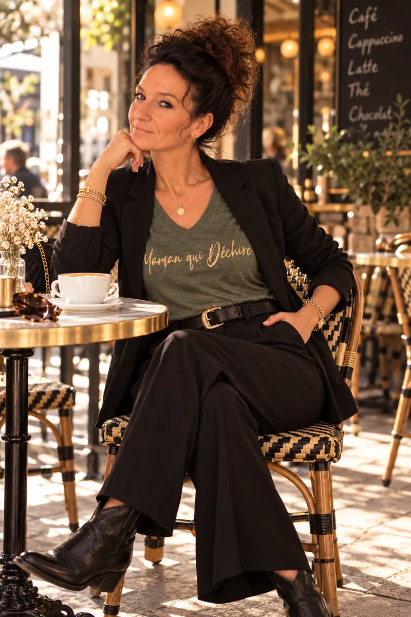 Femme portant le top manches longues kaki col V « Maman qui déchire » en or pailleté avec un blazer et un pantalon noirs, à la terrasse d'un café. Création La Strasseuse.