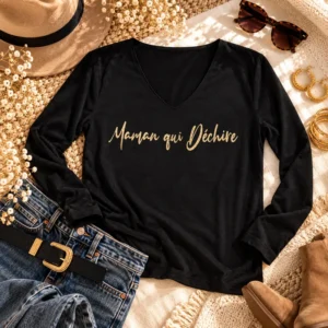 Top manches longues noir col V « Maman qui déchire » en or pailleté, présenté à plat avec un jean, une ceinture dorée et des accessoires. Création La Strasseuse.