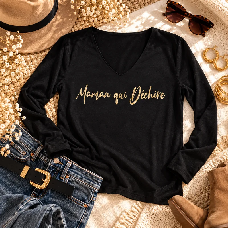 Top manches longues noir col V « Maman qui déchire » en or pailleté, présenté à plat avec un jean, une ceinture dorée et des accessoires. Création La Strasseuse.