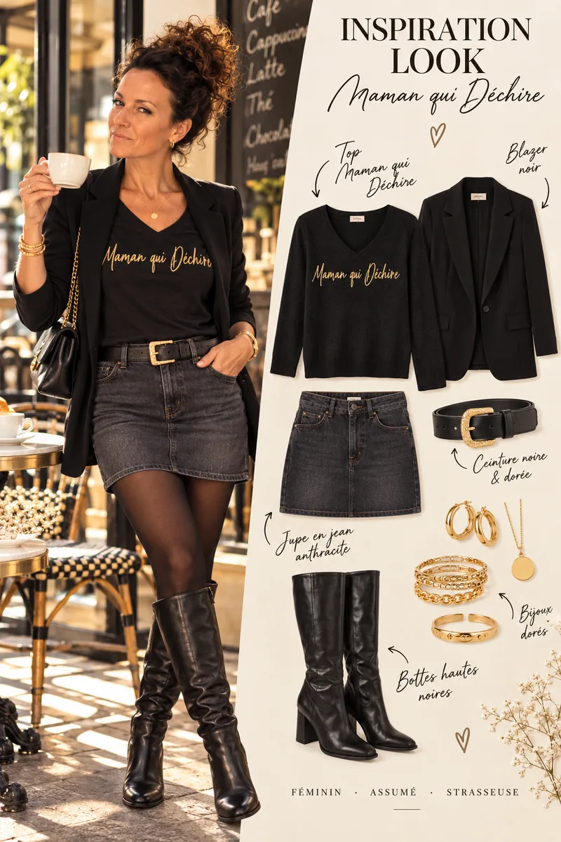Inspiration look avec le top manches longues noir « Maman qui déchire » en or pailleté, un blazer noir, une jupe en jean anthracite, une ceinture dorée et des bottes hautes noires.