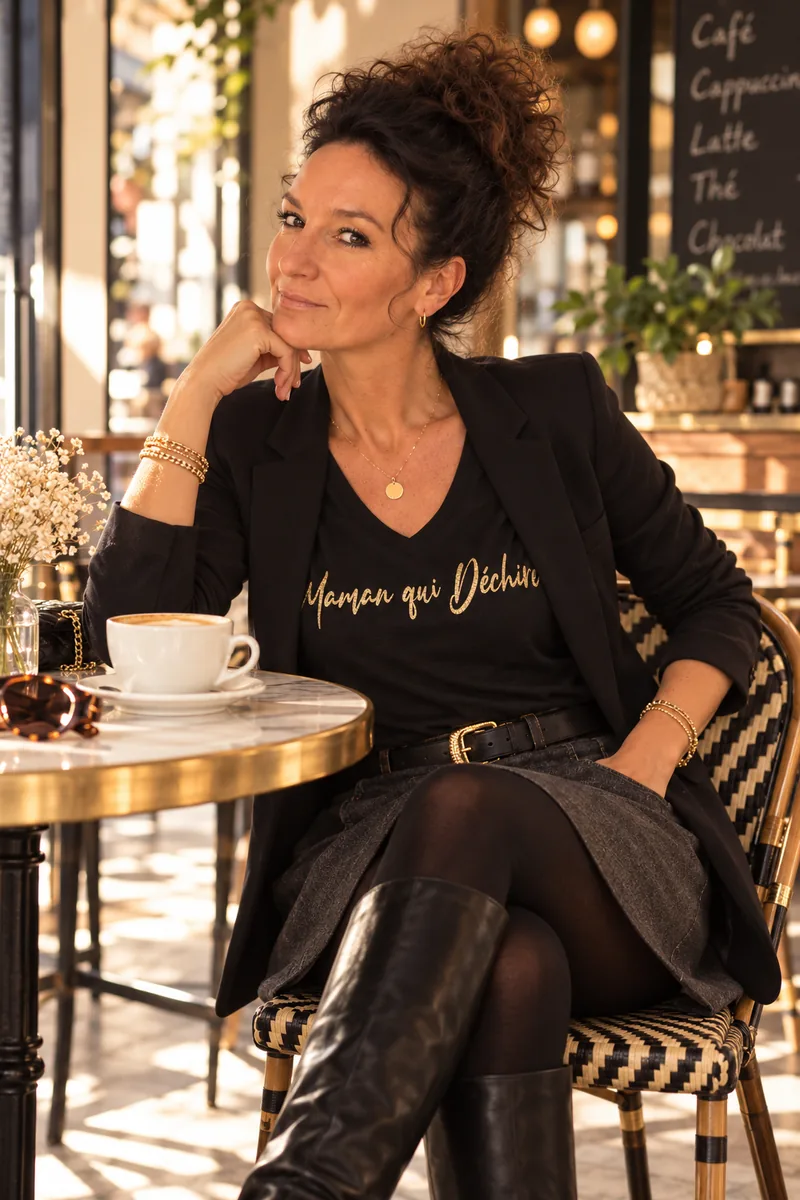 Femme portant le top manches longues noir col V « Maman qui déchire » en or pailleté avec un blazer noir, une jupe en jean et des bottes, à la terrasse d'un café. Création La Strasseuse.