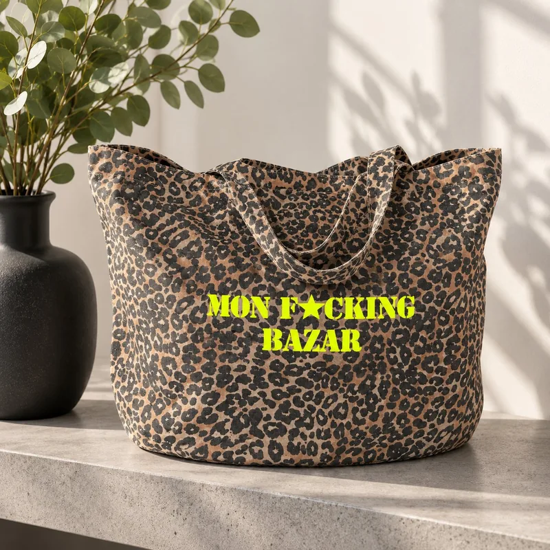 Tote bag léopard Mon F*cking Bazar slogan jaune fluo posé sur une console