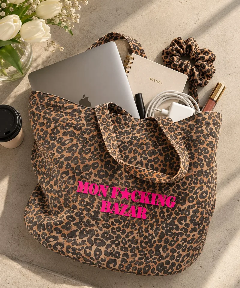 Tote bag léopard XL Mon F*cking Bazar rose fluo rempli d'affaires du quotidien